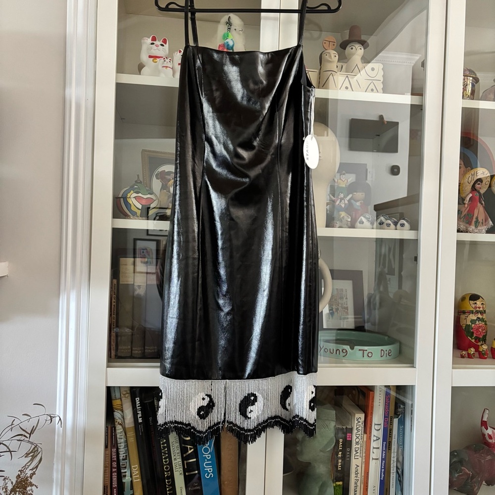 STAUD Black Patent Midi Dress with Contrast Yin Yang Hem